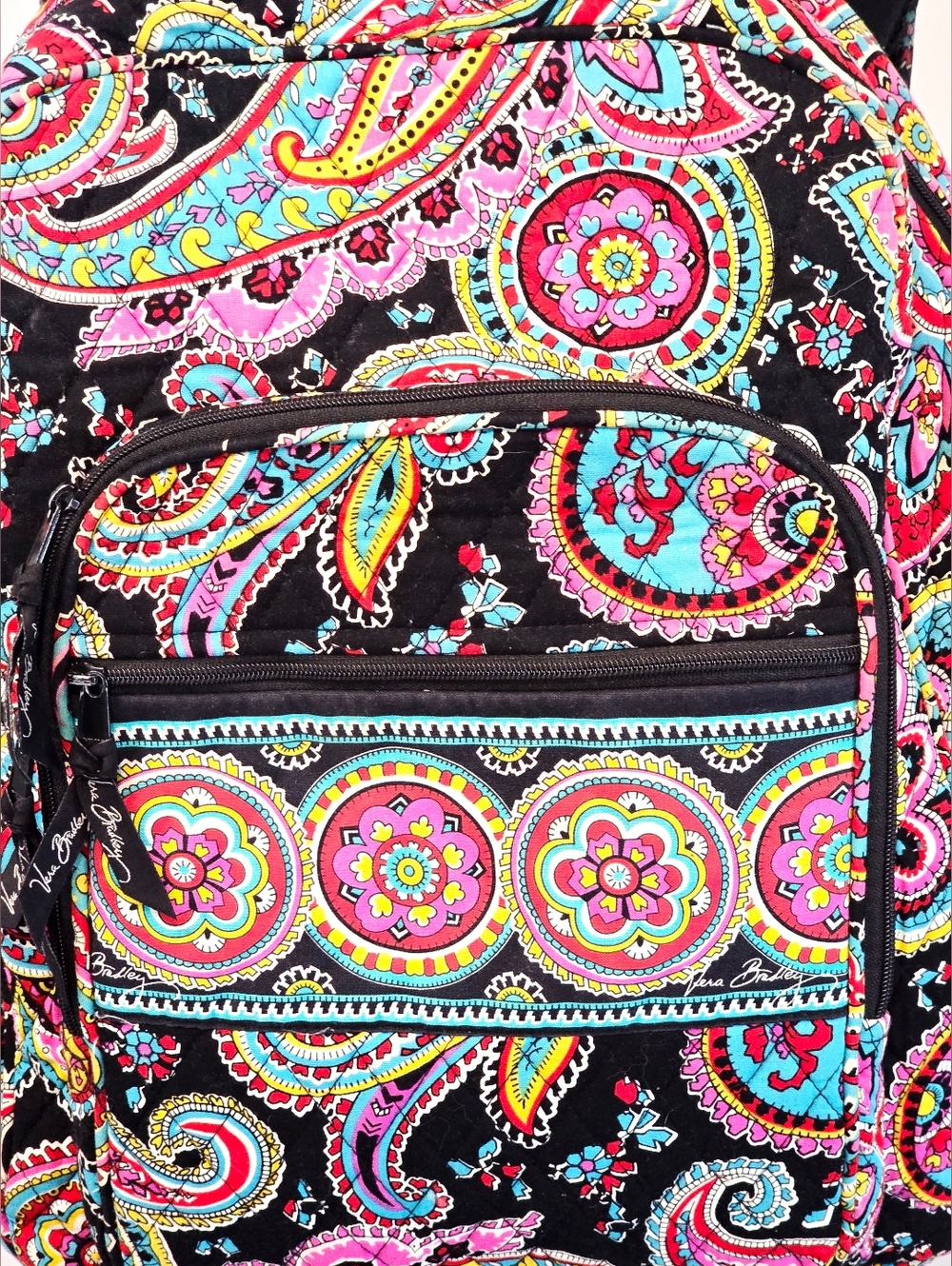 Vera Bradley Paisley Backpack Black Pink Blue Travel School Bag Quilted Cotton - Picture 5 of 14